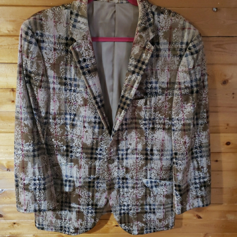 Suslo Couture Plaid Satin Like Blazer 3XL 48 Slim Fit, Beige, Academia, Formal